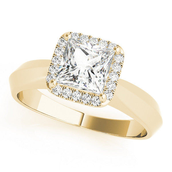 Yellow gold Princess Cut Halo Solitaire Engagement Ring with Square Band and Four-Prong Setting