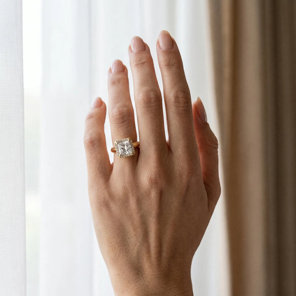 Yellow gold Princess Cut Halo Solitaire Engagement Ring with Square Band and Four-Prong Setting