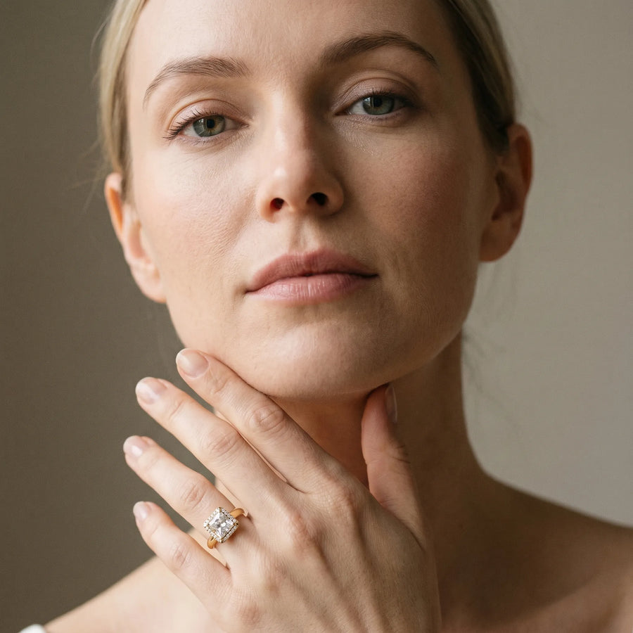 Yellow gold Princess Cut Halo Solitaire Engagement Ring with Square Band and Four-Prong Setting