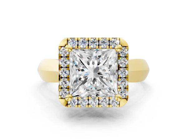 Yellow gold Princess Cut Halo Solitaire Engagement Ring with Square Band and Four-Prong Setting