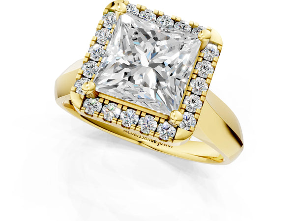 Yellow gold Princess Cut Halo Solitaire Engagement Ring with Square Band and Four-Prong Setting