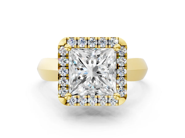 Yellow gold Princess Cut Halo Solitaire Engagement Ring with Square Band and Four-Prong Setting