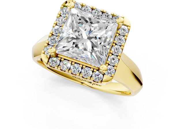 Yellow gold Princess Cut Halo Solitaire Engagement Ring with Square Band and Four-Prong Setting