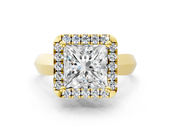Yellow gold Princess Cut Halo Solitaire Engagement Ring with Square Band and Four-Prong Setting