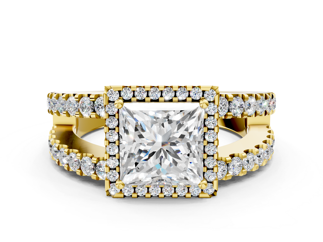 Yellow gold Princess Cut Halo Split Shank Diamond Ring with Four-Prong Setting_64