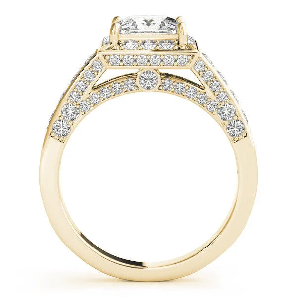 Yellow gold Princess Cut Halo Split Shank Engagement Ring with Four-Prong Setting