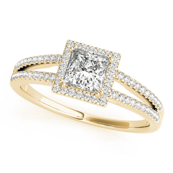 Yellow gold Princess Cut Halo Split Shank Engagement Ring