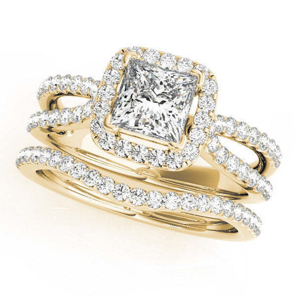 Yellow gold Princess Cut Halo Split Shank Pave Set Ring 1