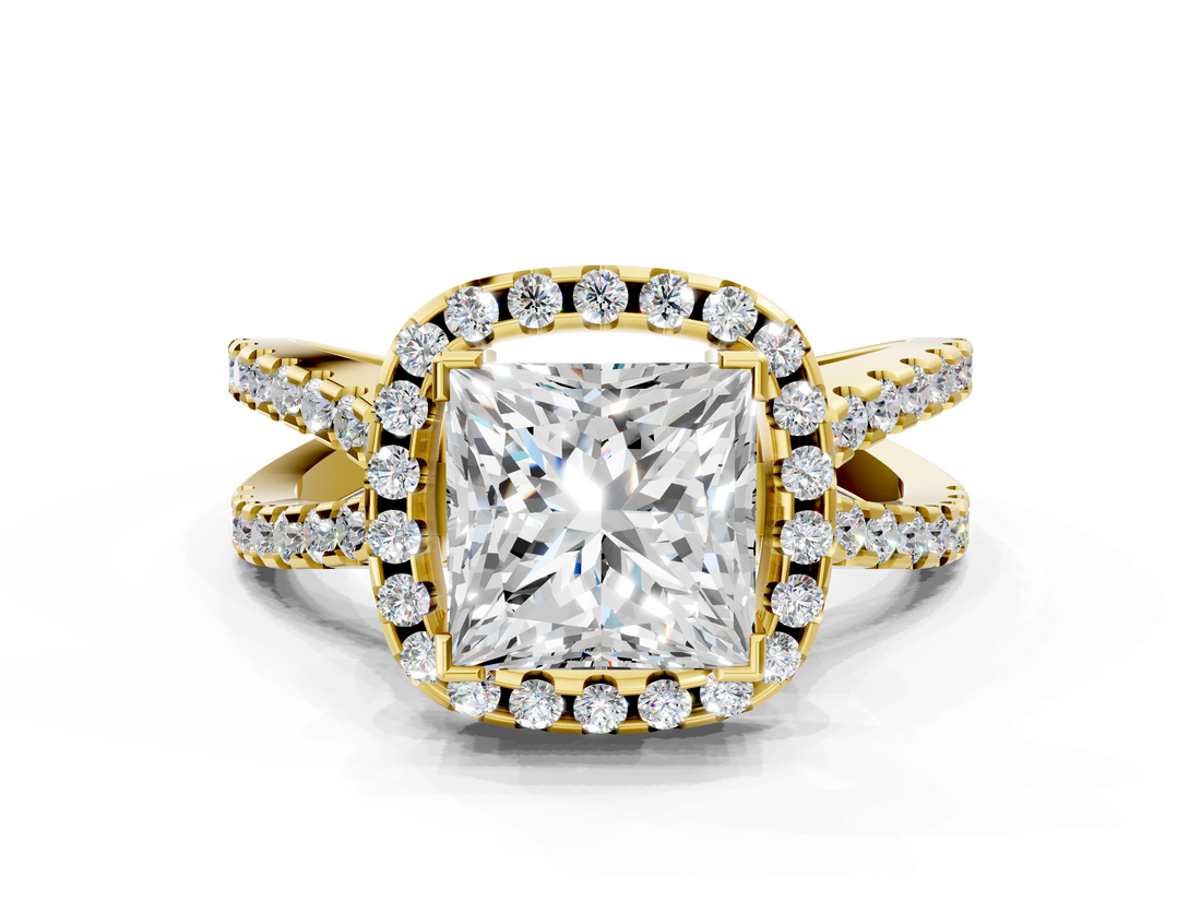 Yellow gold Princess Cut Halo Split Shank Pave Set Ring_102