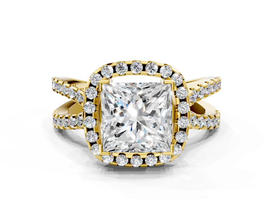 Yellow gold Princess Cut Diamond Halo Ring with Split Shank Pavé Band and Prong Setting