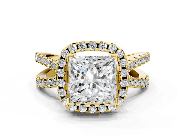 10K Yellow Gold 2.07 Carat E VS1 Princess Diamond Halo Ring with Split Shank Pavé Band and Prong Setting