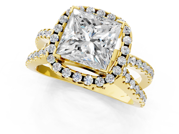 10K Yellow Gold 2.07 Carat E VS1 Princess Diamond Halo Ring with Split Shank Pavé Band and Prong Setting