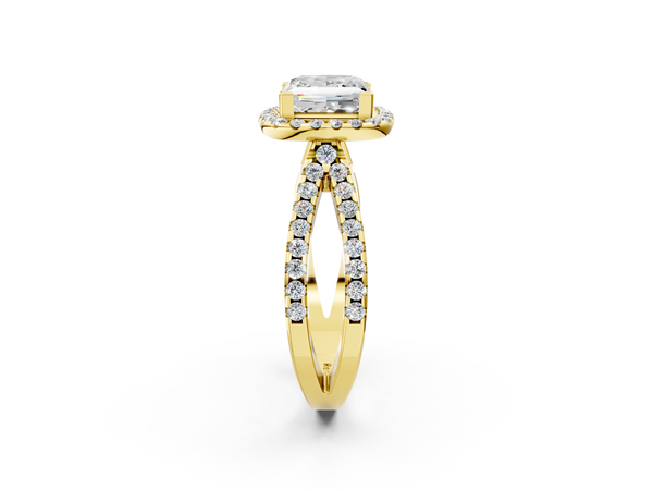 10K Yellow Gold 2.07 Carat E VS1 Princess Diamond Halo Ring with Split Shank Pavé Band and Prong Setting