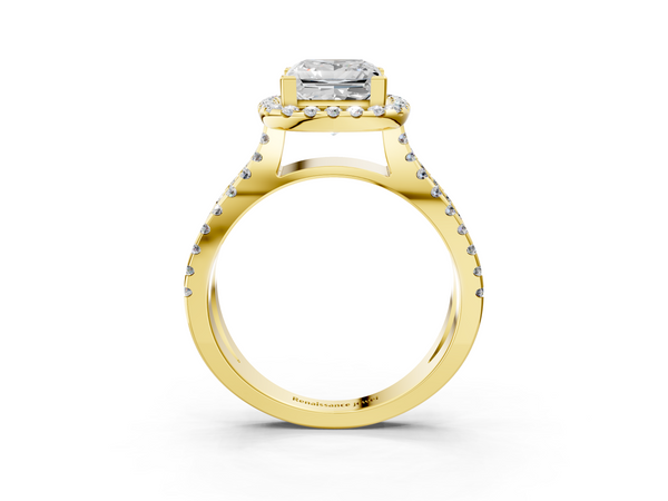 10K Yellow Gold 2.07 Carat E VS1 Princess Diamond Halo Ring with Split Shank Pavé Band and Prong Setting