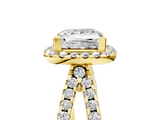 10K Yellow Gold 2.07 Carat E VS1 Princess Diamond Halo Ring with Split Shank Pavé Band and Prong Setting
