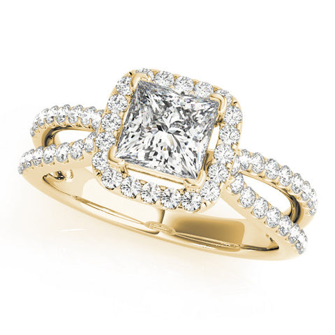 Yellow gold Princess Cut Halo Split Shank Pave Set Ring