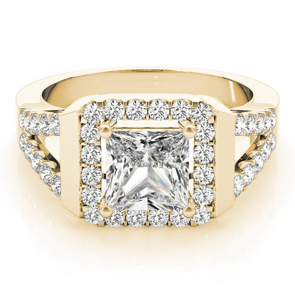 Yellow gold Princess Cut Halo Split Shank Prong Set Ring 1