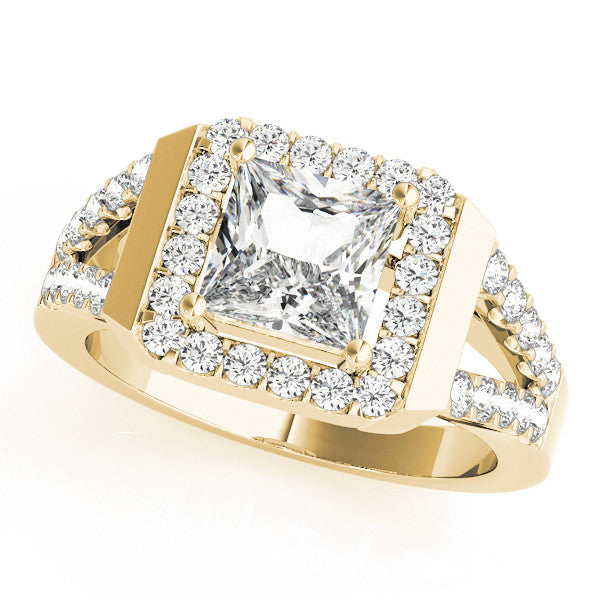 Yellow gold Princess Cut Halo Split Shank Prong Set Ring