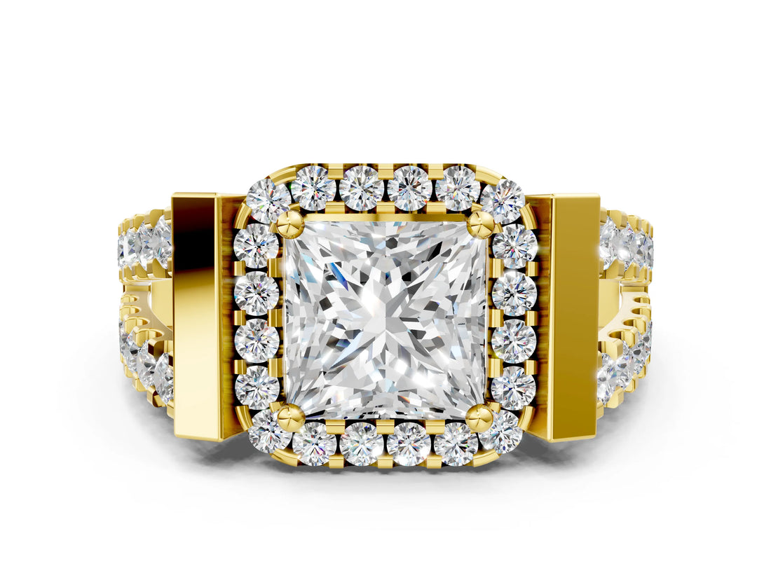 Yellow gold Princess Cut Halo Split Shank Prong Set Ring_3