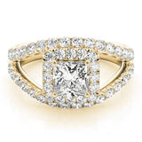 Yellow gold Princess Cut Halo Split Shank Ring with Four-Prong Setting 1