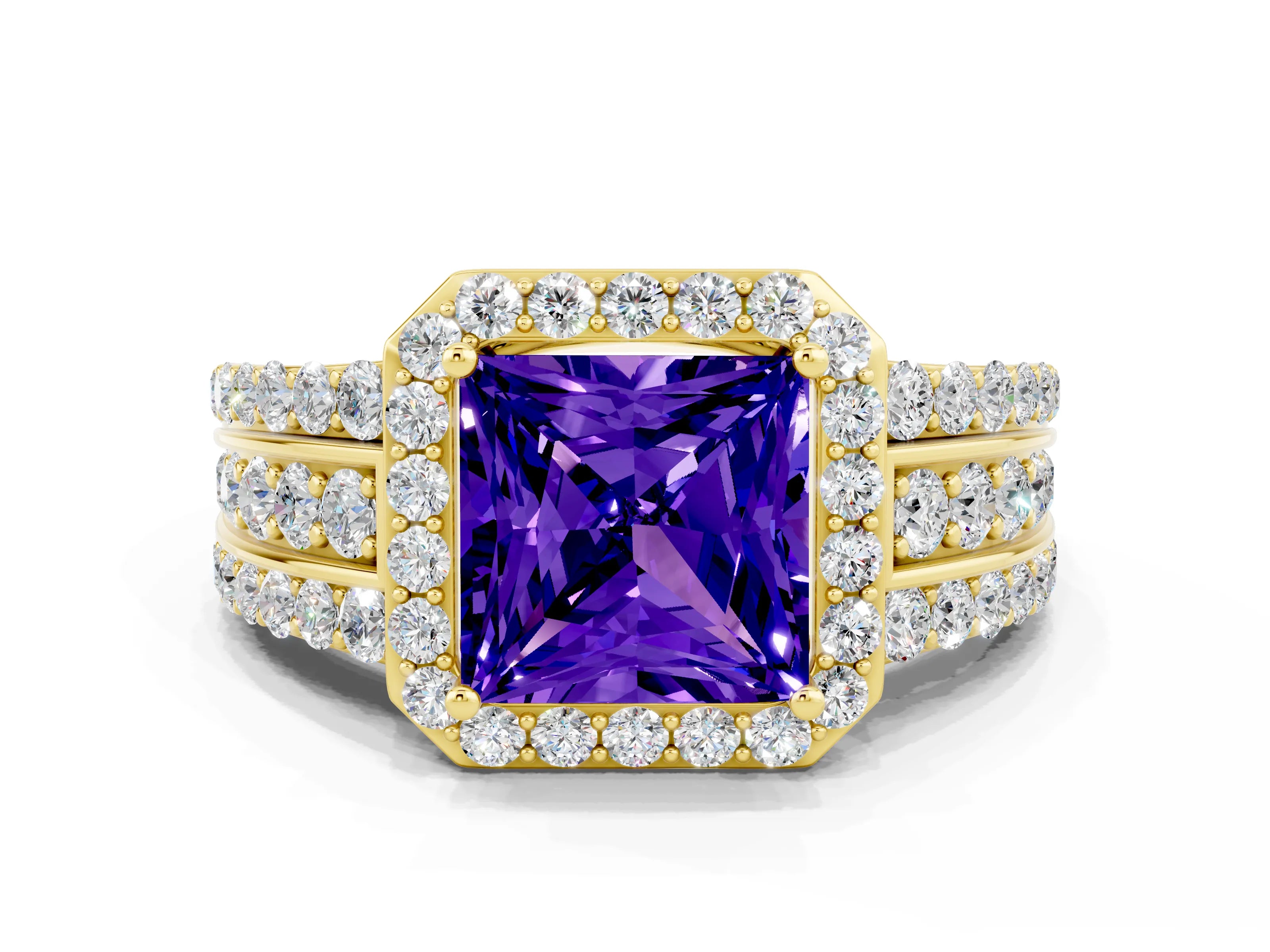 Yellow gold Princess Cut Halo Tanzanite Ring with Split Shank and Four-Prong Setting