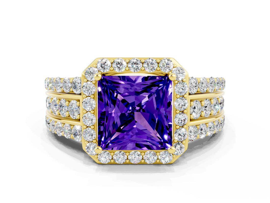Yellow gold Princess Cut Halo Tanzanite Ring with Split Shank and Four-Prong Setting