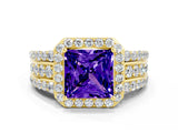 Yellow gold Princess Cut Halo Tanzanite Ring with Split Shank and Four-Prong Setting
