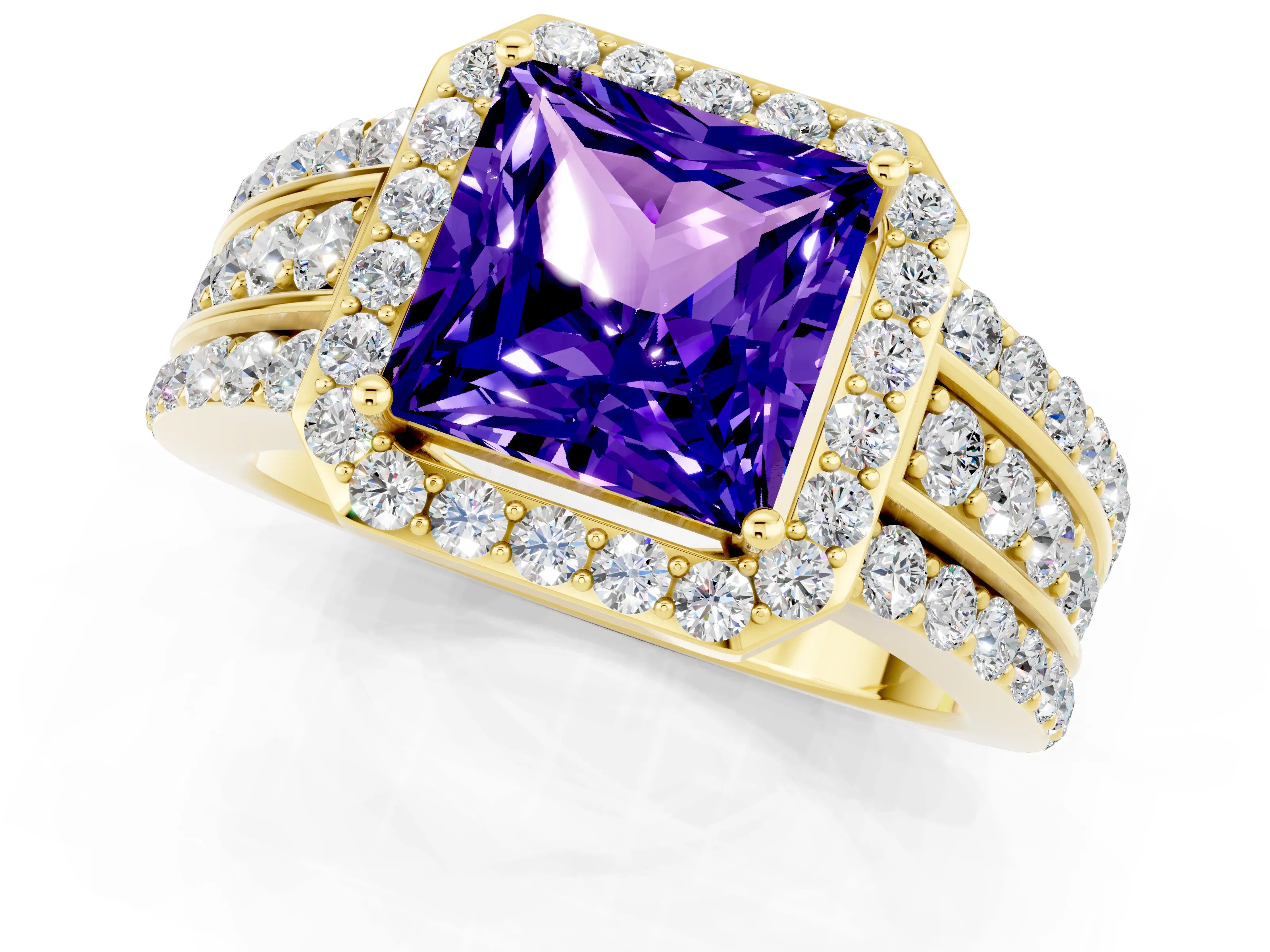 Yellow gold Princess Cut Halo Tanzanite Ring with Split Shank and Four-Prong Setting_1
