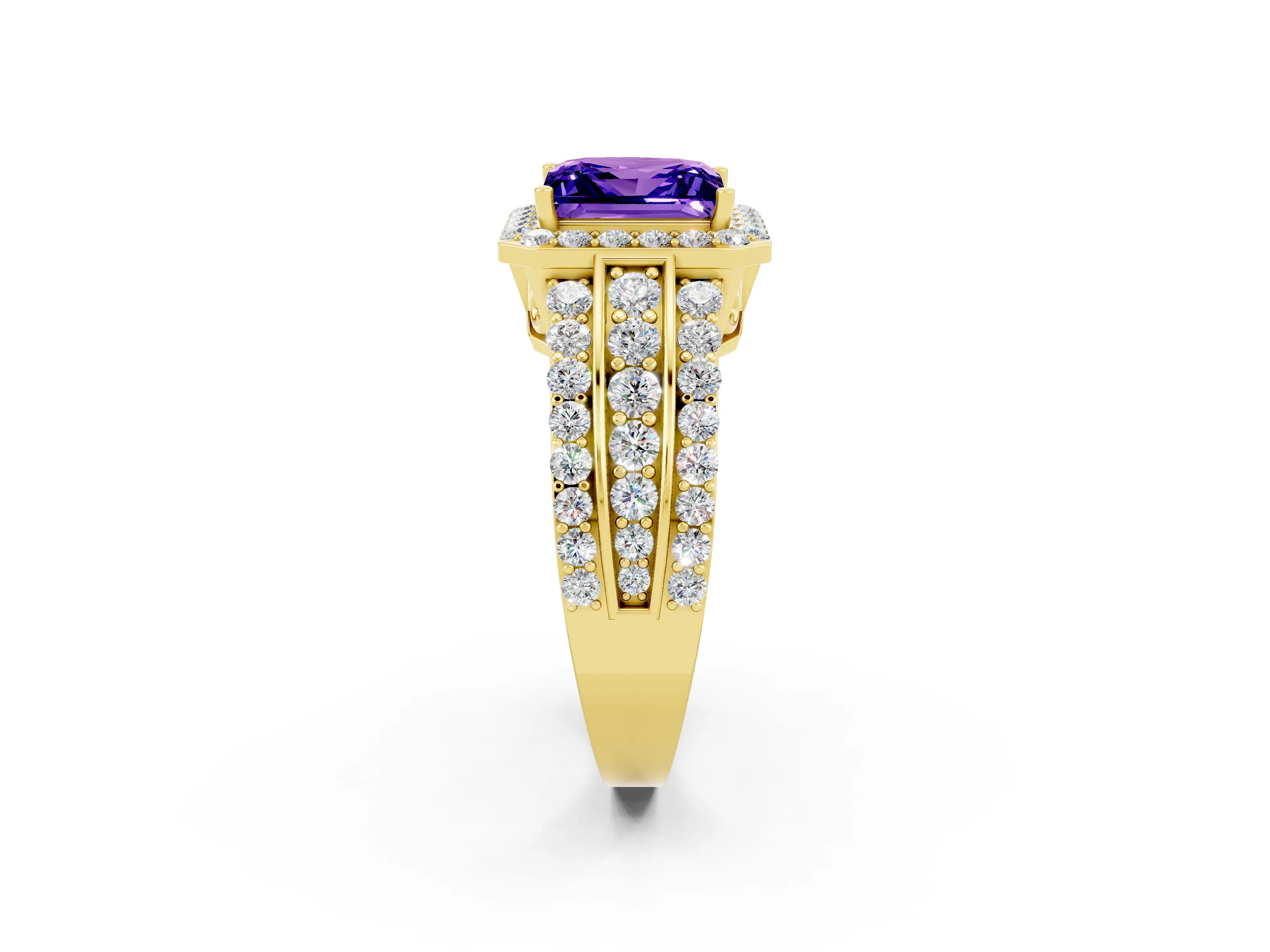 Yellow gold Princess Cut Halo Tanzanite Ring with Split Shank and Four-Prong Setting_2
