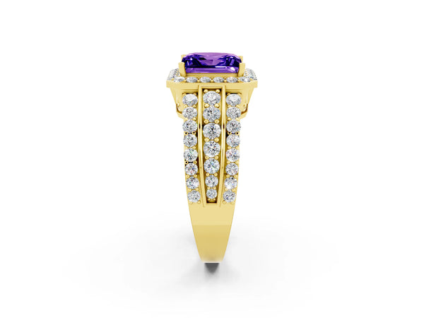 Yellow gold Princess Cut Halo Tanzanite Ring with Round  Split Shank and Prong Setting