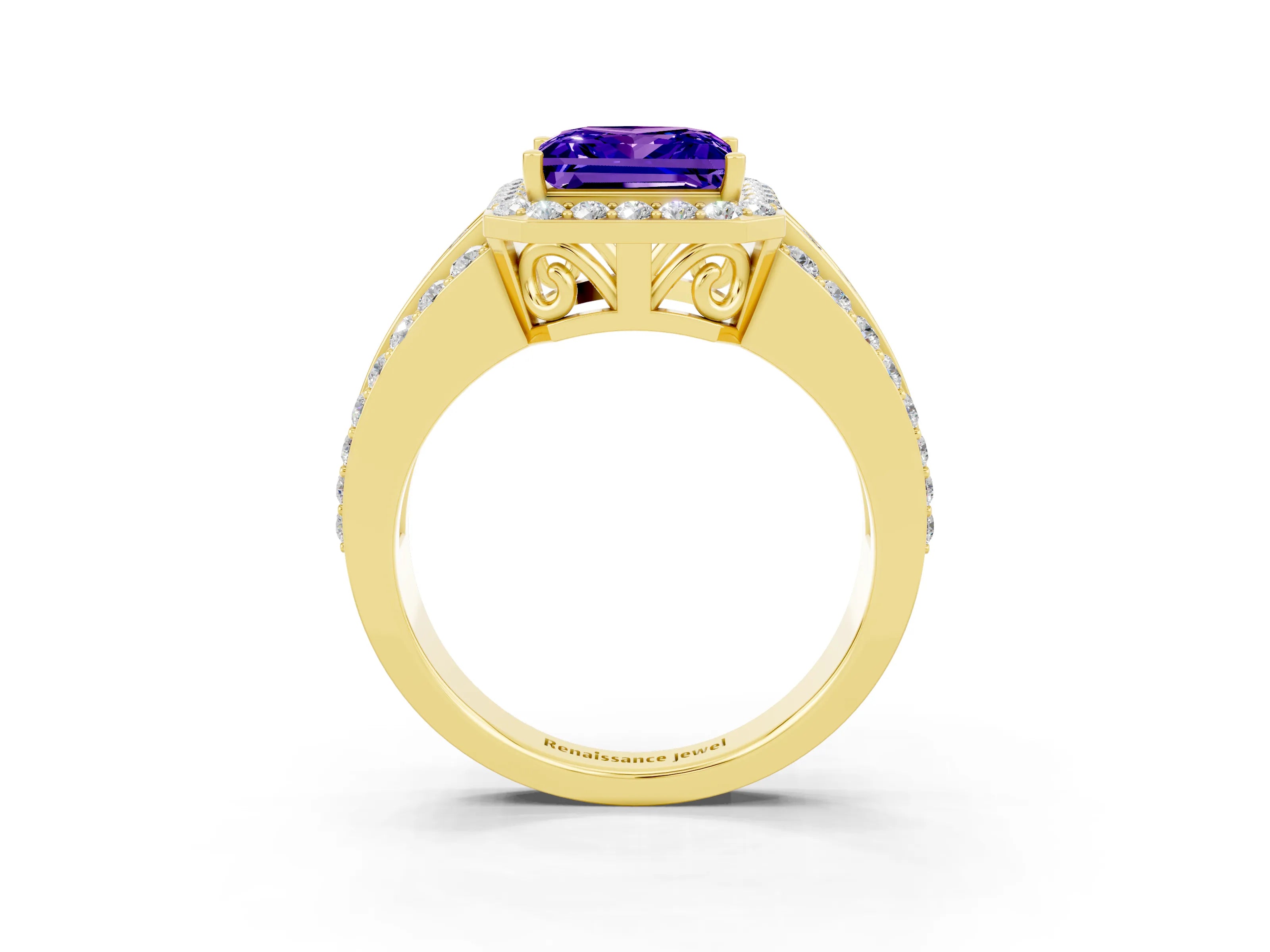 Yellow gold Princess Cut Halo Tanzanite Ring with Split Shank and Four-Prong Setting_3