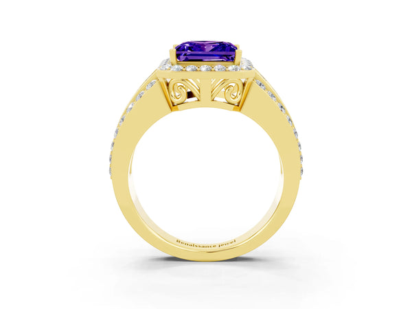 Yellow gold Princess Cut Halo Tanzanite Ring with Round  Split Shank and Prong Setting