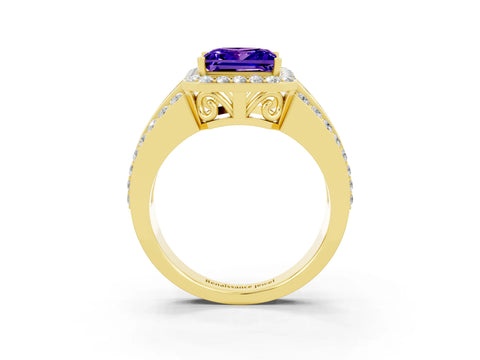Yellow gold Princess Cut Halo Tanzanite Ring with Split Shank and Four-Prong Setting_3