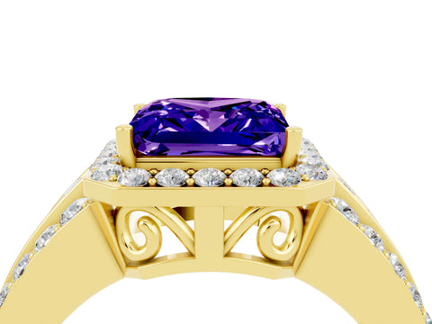 Yellow gold Princess Cut Halo Tanzanite Ring with Split Shank and Four-Prong Setting_4