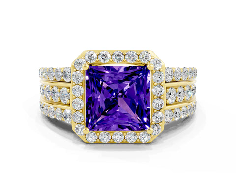 Yellow gold Princess Cut Halo Tanzanite Ring with Split Shank and Four-Prong Setting