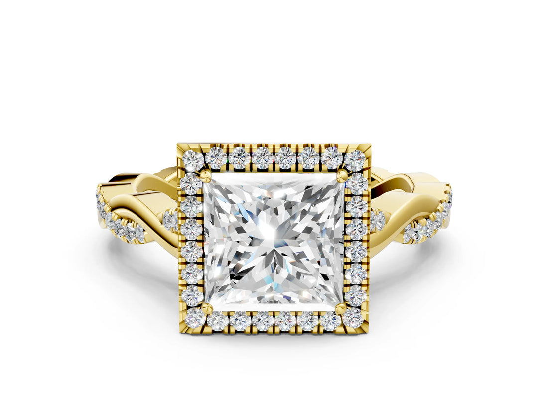 Yellow gold Princess Cut Halo Twist Band with Four-Prong Setting_3