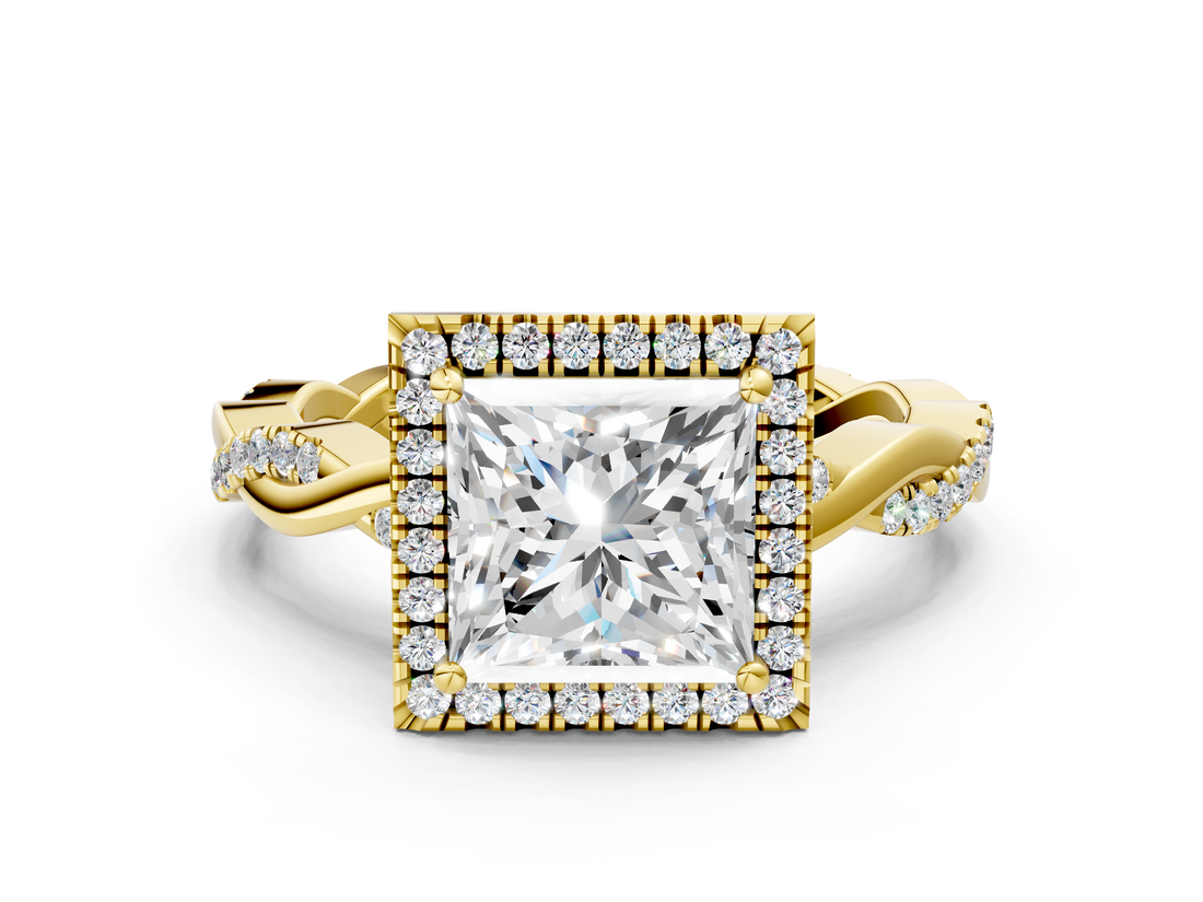 Yellow gold Princess Cut Halo Twisted Band Four-Prong Ring_33