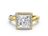 Yellow gold Princess Cut Halo Twisted Band Four-Prong Ring_33