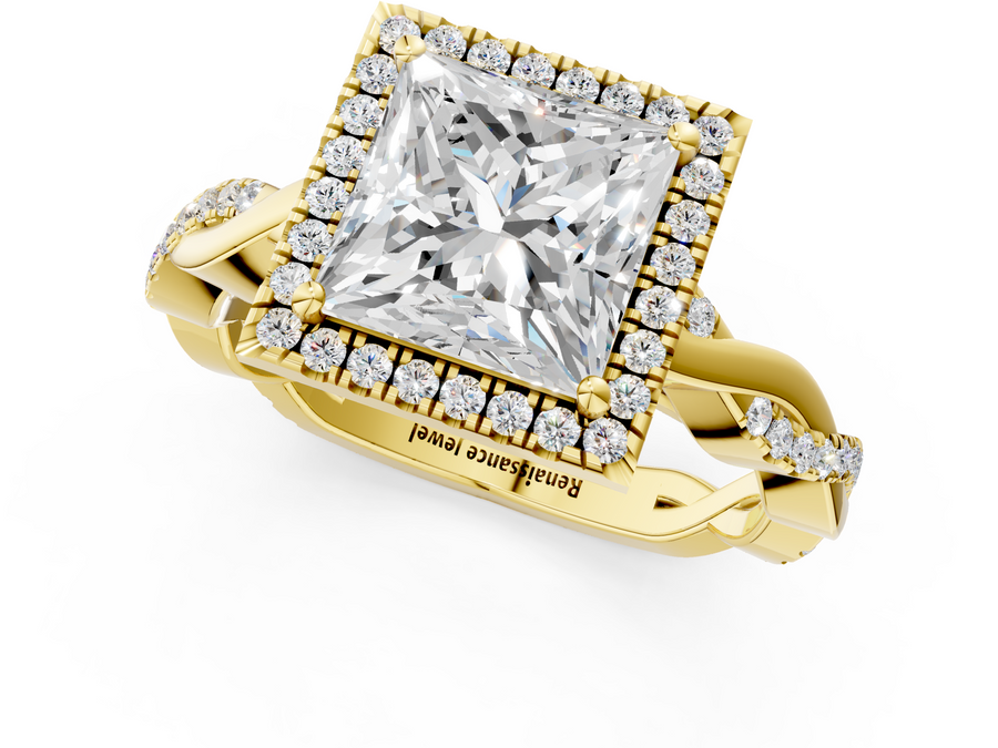 Yellow gold Princess Cut Halo Twisted Band Four-Prong Ring