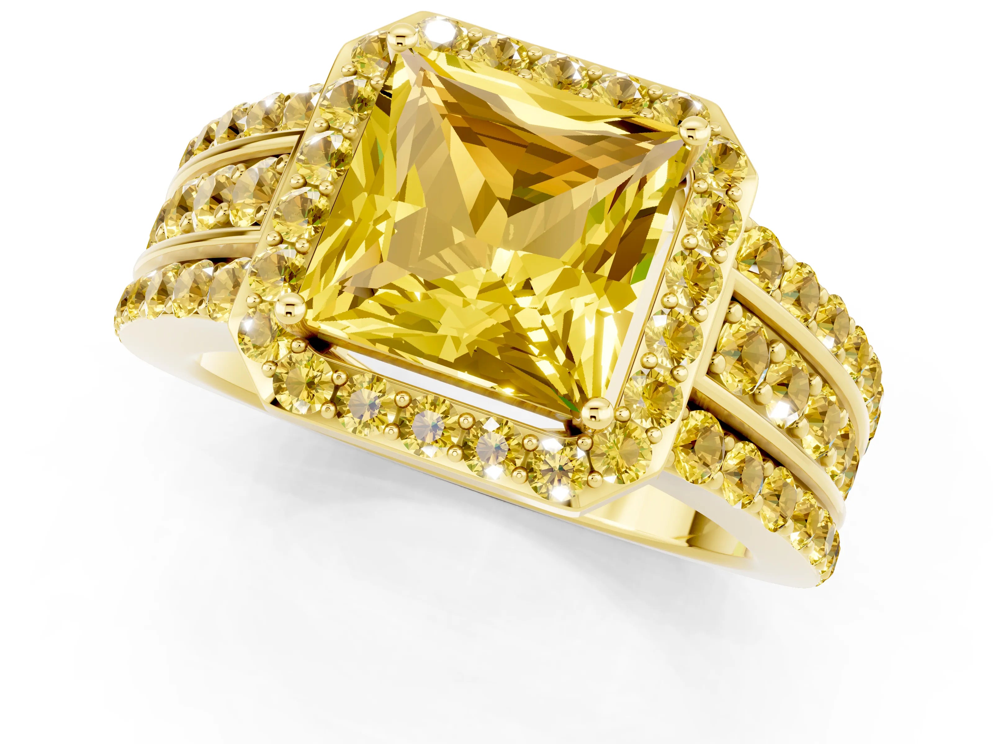 Yellow gold Princess Cut Halo Yellow Sapphire Ring with Split Shank and Four-Prong Setting_1