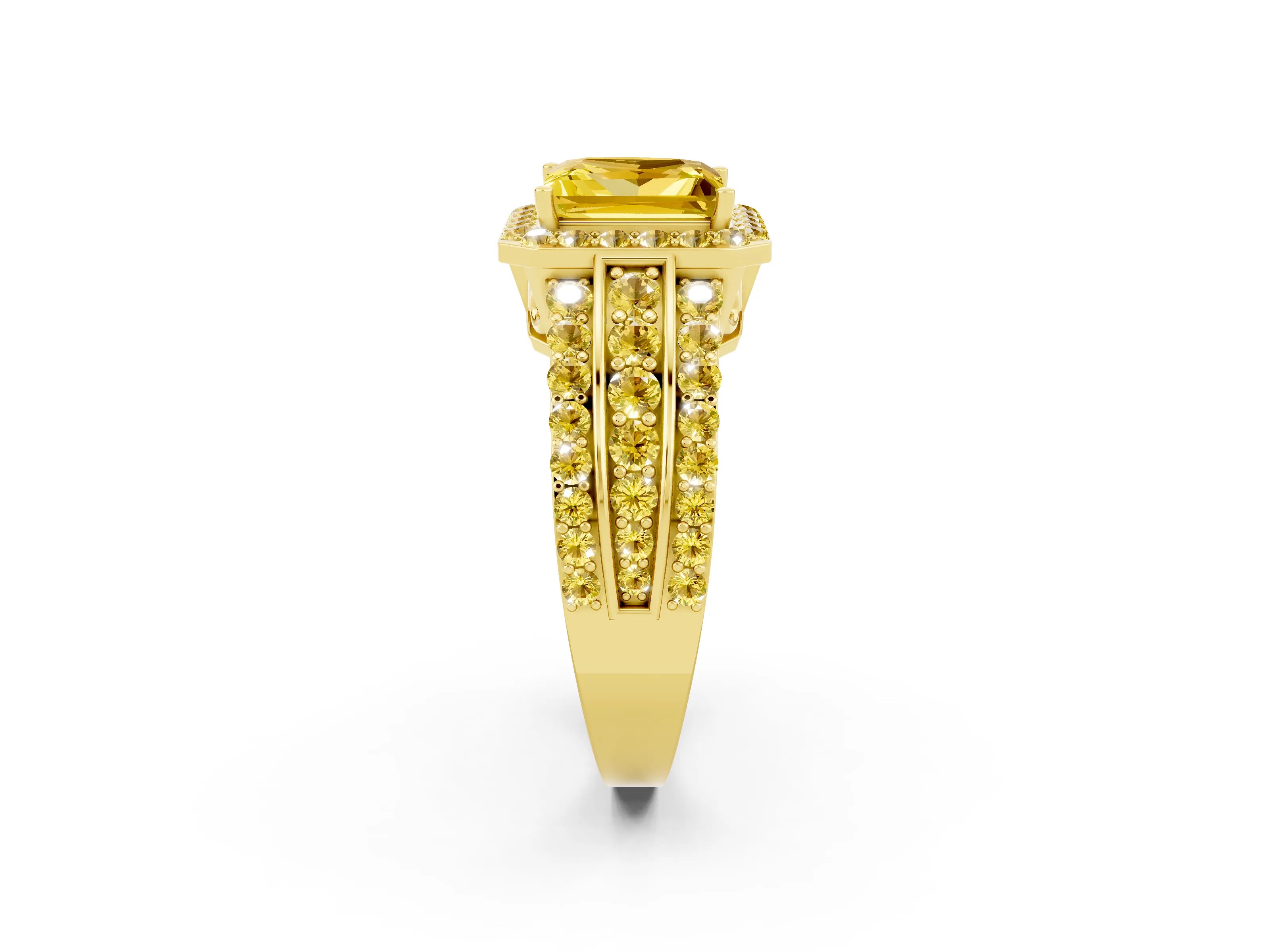 Yellow gold Princess Cut Halo Yellow Sapphire Ring with Split Shank and Four-Prong Setting_2
