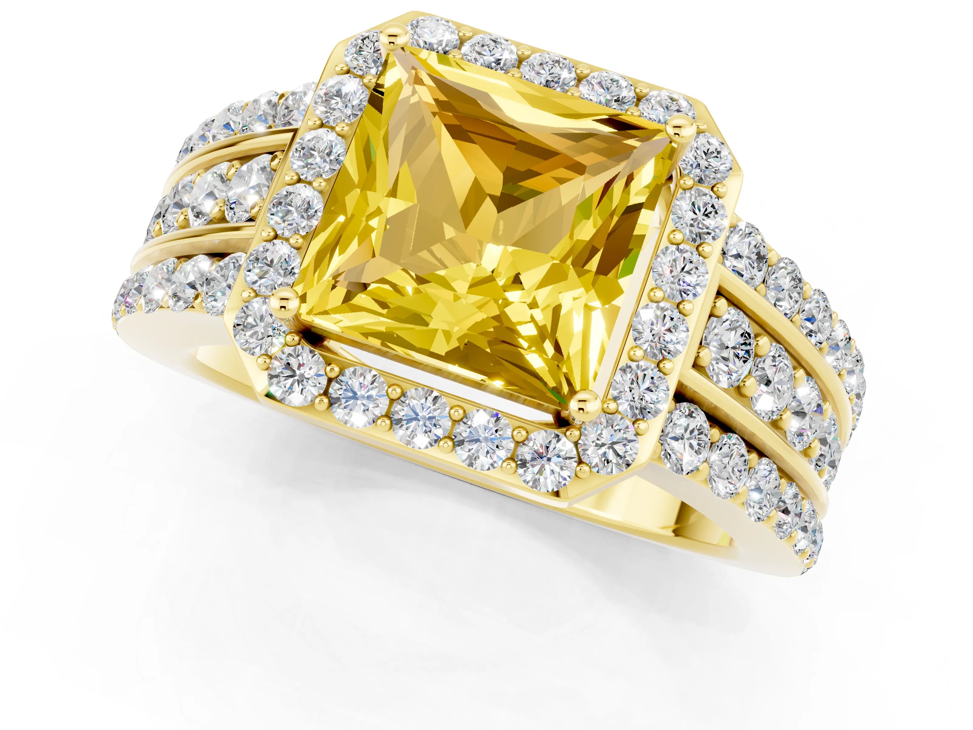 Yellow gold Princess Cut Halo Yellow Sapphire Ring with Split Shank and Four-Prong Setting_25