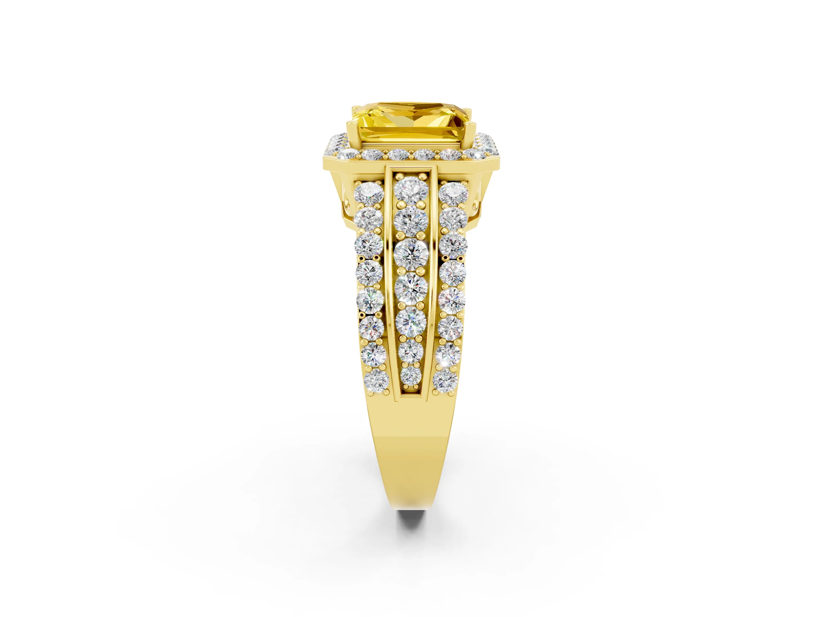 Yellow gold Princess Cut Halo Yellow Sapphire Ring with Split Shank and Four-Prong Setting_26