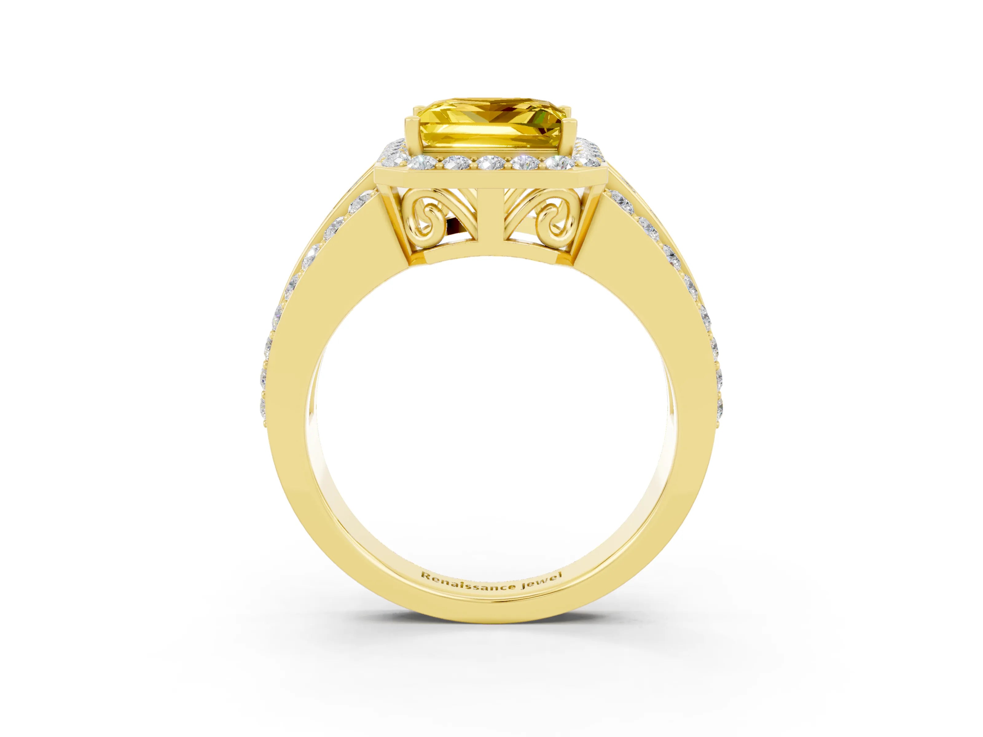 Yellow gold Princess Cut Halo Yellow Sapphire Ring with Split Shank and Four-Prong Setting_27