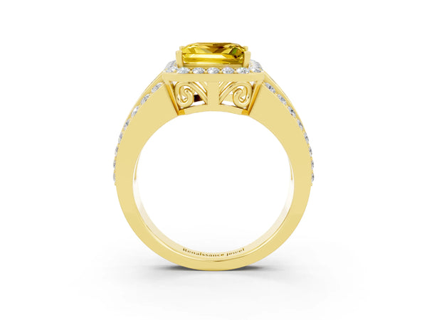Yellow gold Princess Cut Halo Yellow Sapphire Ring with Round  Split Shank and Prong Setting