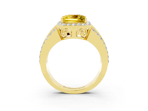 Yellow gold Princess Cut Halo Yellow Sapphire Ring with Split Shank and Four-Prong Setting_27