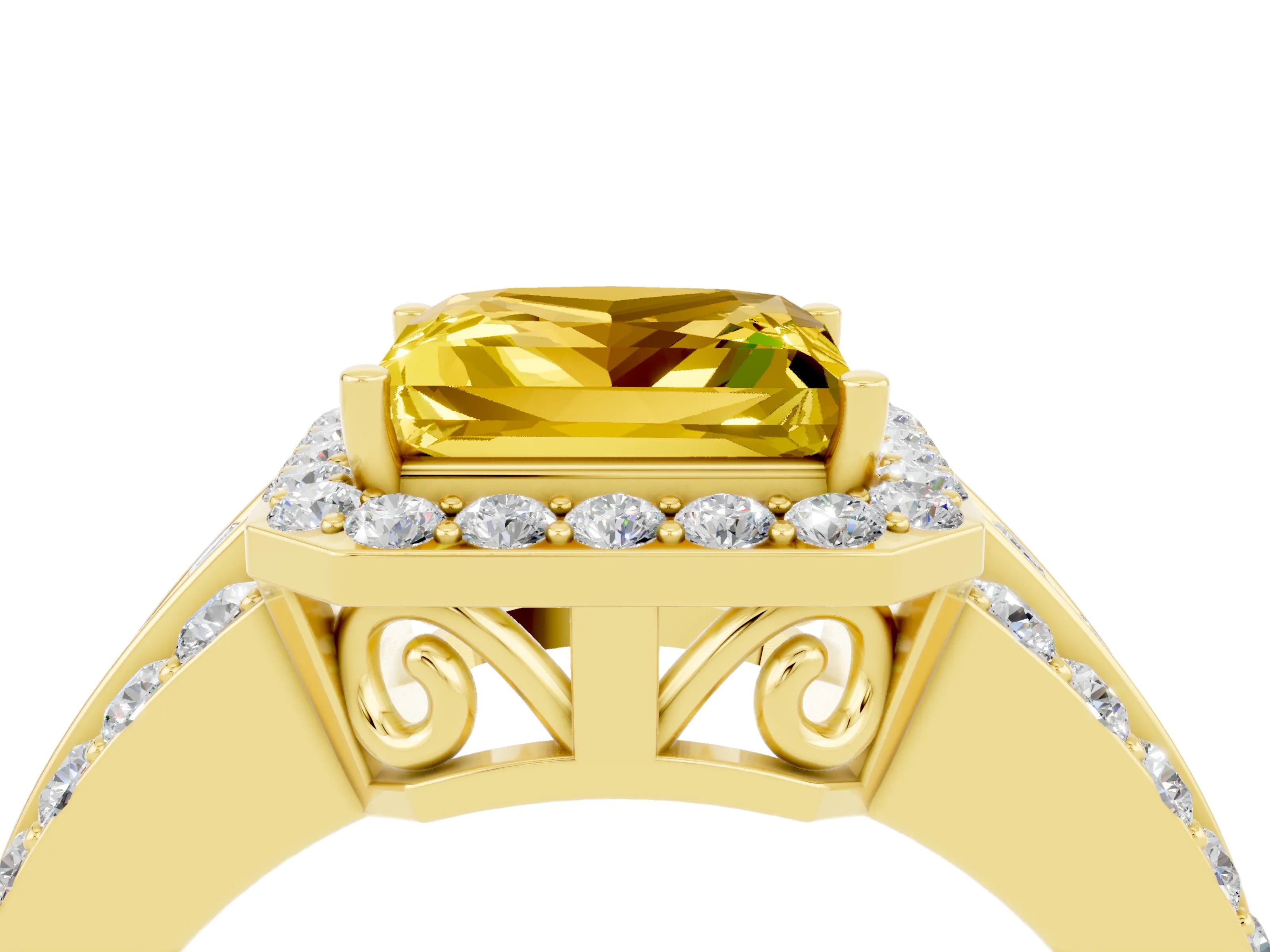 Yellow gold Princess Cut Halo Yellow Sapphire Ring with Split Shank and Four-Prong Setting_28