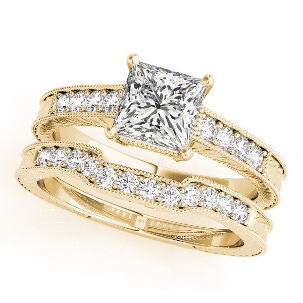Yellow gold Princess Cut Milgrain Channel Set Engagement Ring with Solitaire Prong Setting 1