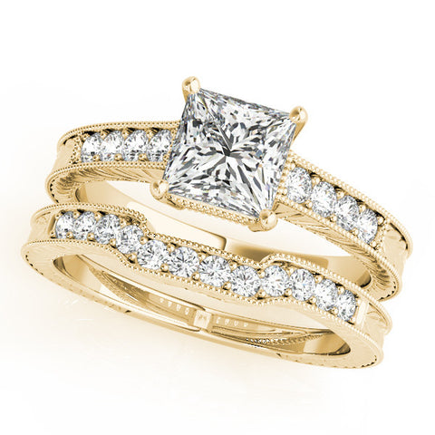 Yellow gold Princess Cut Milgrain Channel Set Engagement Ring with Solitaire Prong Setting 1
