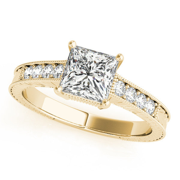 Yellow gold Princess Cut Milgrain Channel Set Engagement Ring with Solitaire Prong Setting
